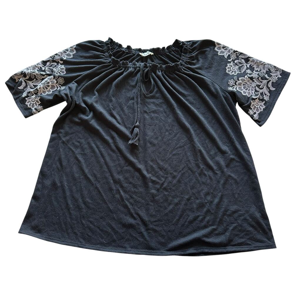 Womens Shirt Size XL Hippie Loose Raglan Floral Black White Business Casual